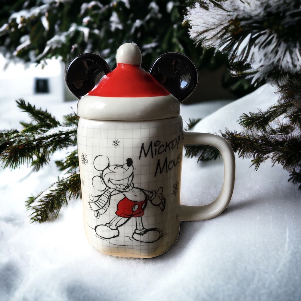 Disney Mickey Mouse Christmas Sketchbook Mug with Santa Hat Topper Holiday NEW